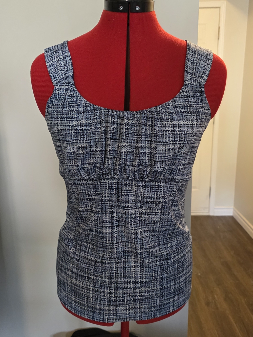 White House Black Market Navy and White Tweed-Pattern Sleeveless Top